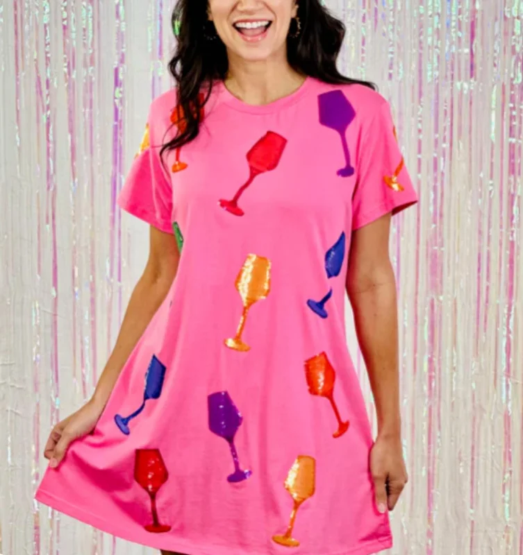 Pink Multi Wine Glass All Over Tee Dress Fall unclassified dresses