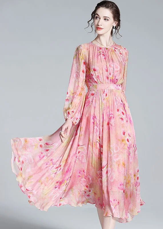 Pink Print Patchwork Silk Dresses O Neck Wrinkled Summer TI1057 Budget-friendly unclassified dresses