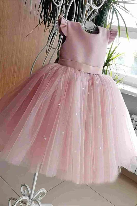 Pink Ruffled Sleeves Open Back Flower Girl Dress with Pearls Preppy unclassified dresses