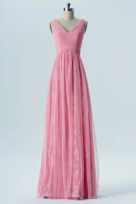 Pink V-Neck Embroideried Double Straps Bridesmaid Dress Date night unclassified dresses