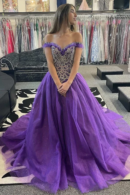 Princess Purple Beaded Off-the-Shoulder Ball Gown Stretchy unclassified dresses