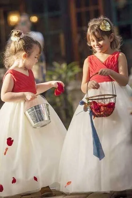 Red and White Surplice A-Line Flower Girl Dress Velvet unclassified dresses