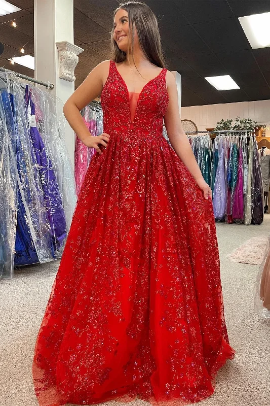 Red Beaded Plunge V Backless A-Line Prom Gown Discounted unclassified dresses