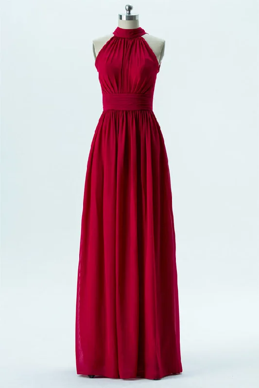 Red Chiffon Halter Banded Waist Bridesmaid Dress Dark color unclassified dresses