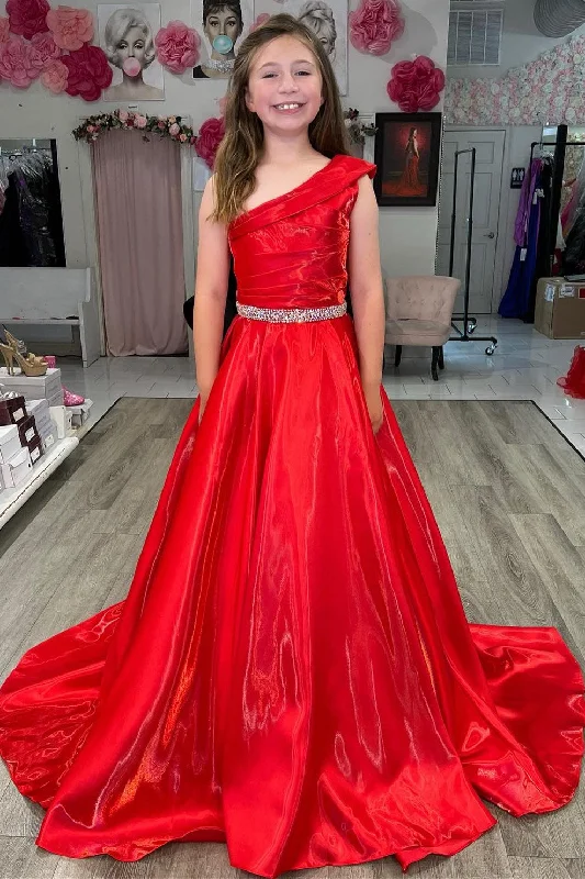 Red One-Shoulder Girl Pageant Dress with Beaded Sash Tiered unclassified dresses