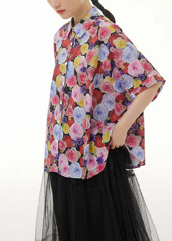 Red Print Patchwork Cotton Blouses Peter Pan Collar Summer LY1231 Color block unclassified dresses