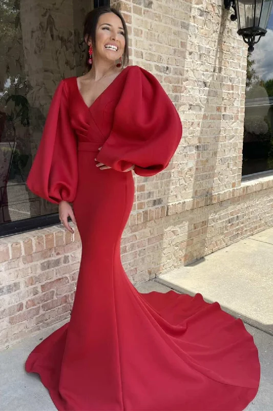 Red V-Neck Balloon Sleeve Mermaid Mother of the Bride Dress Designer unclassified dresses