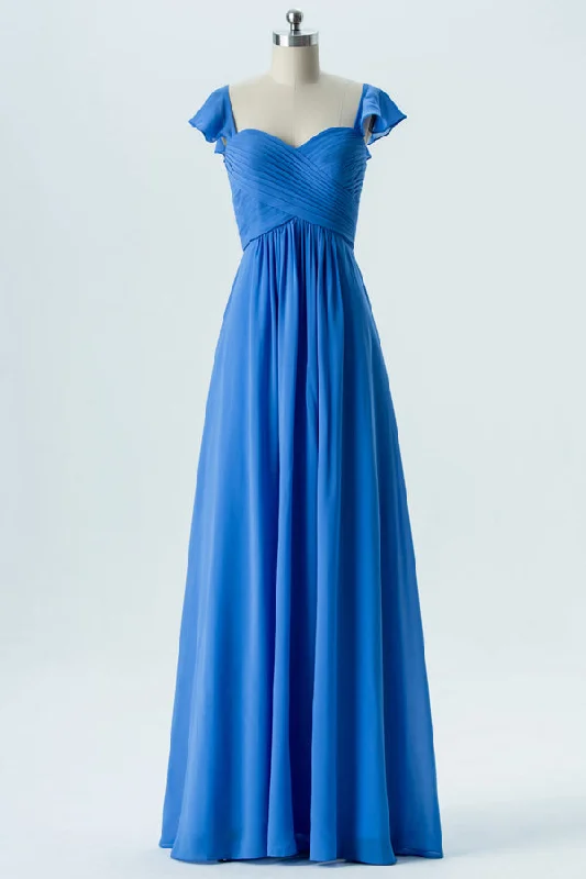 Cobalt Blue Chiffon Sweetheart Bridesmaid Dress with Cap Sleeves Mesh unclassified dresses