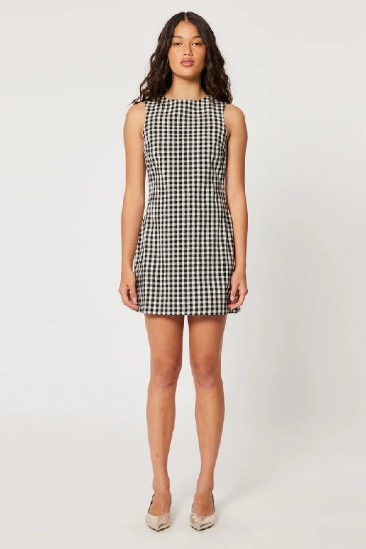 Rollas Shift Dress Gingham Black Ruffled unclassified dresses