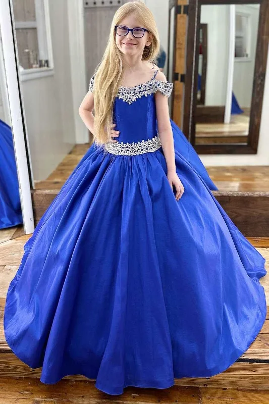 Royal Blue Beaded Cold-Shoulder Girl Pageant Dress Sequin unclassified dresses