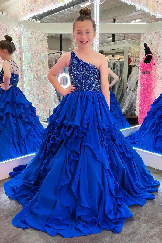 Royal Blue Beaded One-Shoulder Ruffle Girl Pageant Dress Cocktail unclassified dresses