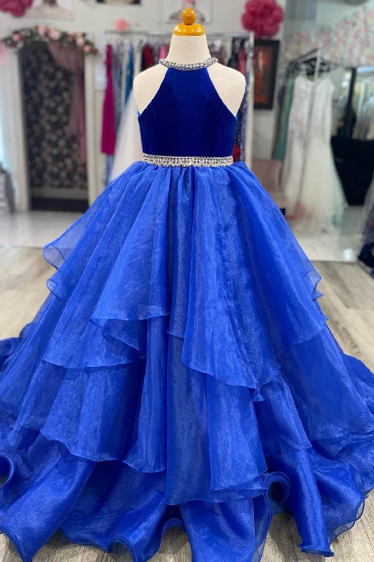 Royal Blue Velvet Halter Multi-Layer Girl Pageant Dress Unique unclassified dresses