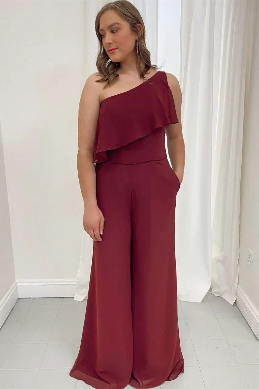 Ruffles Burgundy Chiffon One-Shoulder Wide-Leg Jumpsuit Lace unclassified dresses