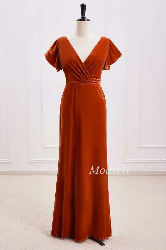 Rust Orange Velvet Surplice Backless Bridesmaid Dress Tiered unclassified dresses