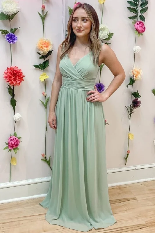 Sage Green Chiffon V-Neck Ruched Bridesmaid Dress Backless unclassified dresses