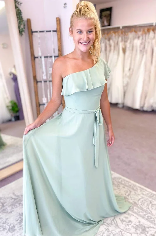 Sage Green One-Shoulder Ruffled Bridesmaid Dress A-line unclassified dresses