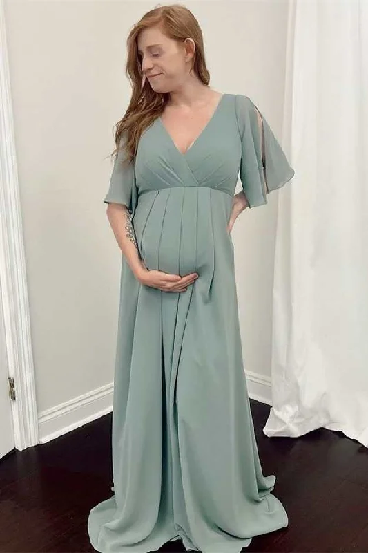 Sage Green V-Neck Ruffles Sleeve Pregnant Bridesmaid Dress Sleeveless unclassified dresses