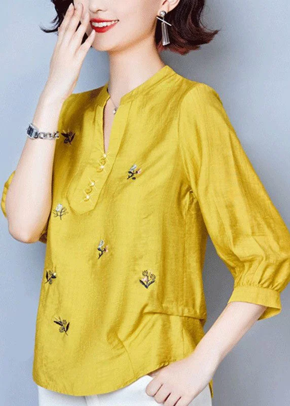 Simple Yellow V Neck Embroideried Patchwork Cotton Tops Summer LY1471 Women's unclassified dresses