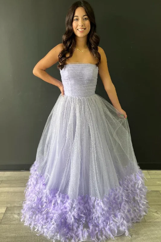 Lavender Strapless Pleated A-Line Prom Dress with Feathers Vintage unclassified dresses