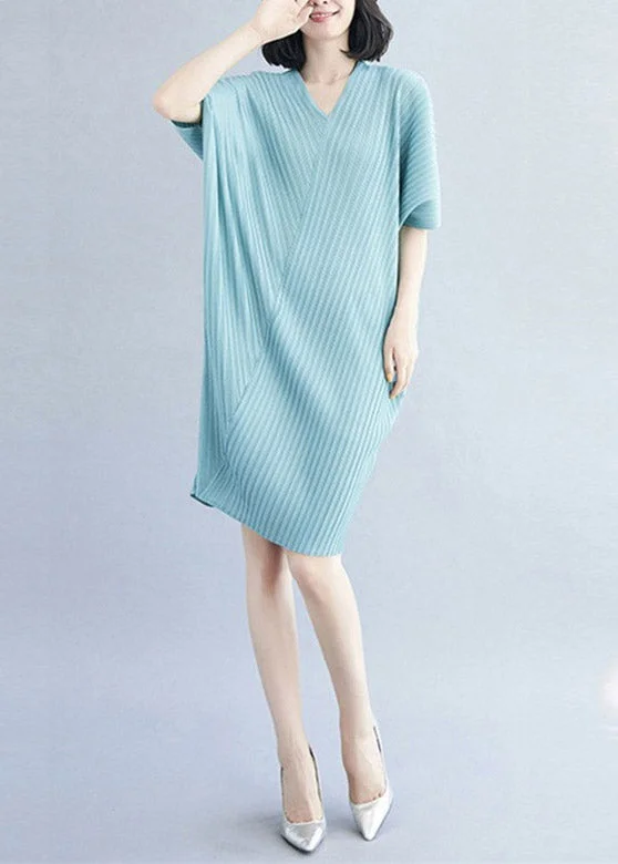 Stylish Blue V Neck Striped Patchwork Mid Dress Summer TI1008 High-low unclassified dresses