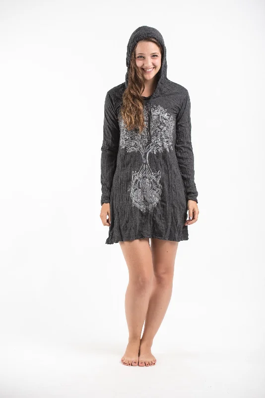 Womens Celtic Tree Hoodie Dress in Silver on Black Popular unclassified dresses