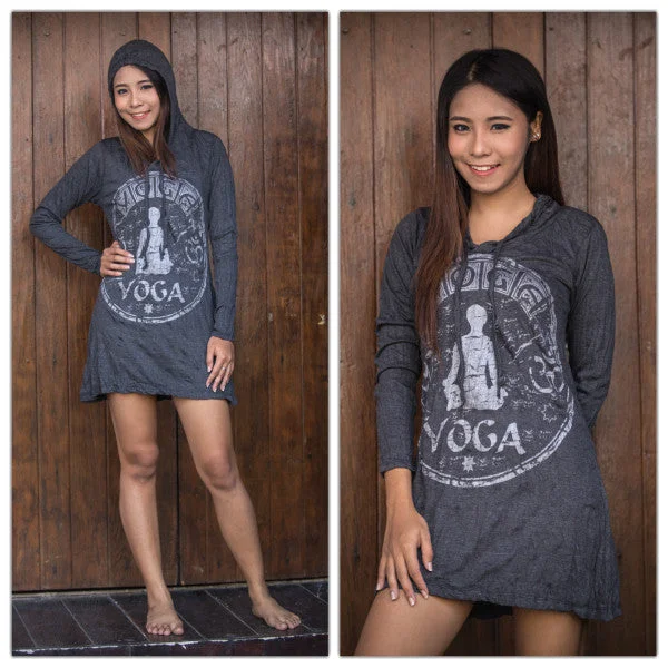 Womens Yoga Stamp Hoodie Dress in Silver on Black Embroidered unclassified dresses