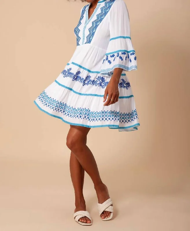 Taliah Embroidered Dress In Blue/white Long unclassified dresses