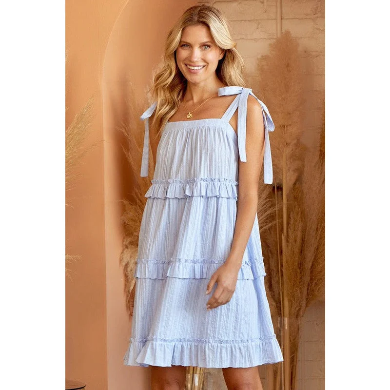 Tiered Solid Cotton Dress with Shoulder Ties Everyday wear unclassified dresses