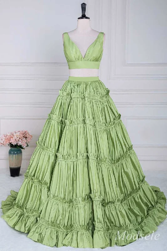 Two-Piece Green Taffeta V-Neck Ruffle Ball Gown Earthy tone unclassified dresses