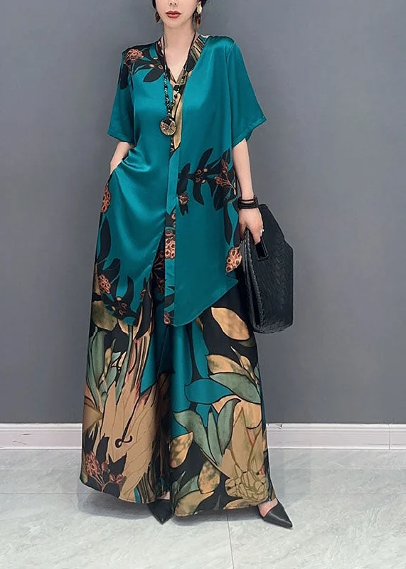 Unique Green Oversized Print Chiffon Women Sets 2 Pieces Summer LY1599 Color block unclassified dresses