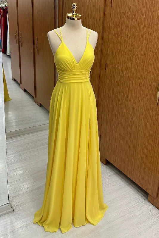 V-Neck Cross Back Chiffon Bridesmaid Dress in Yellow Boho unclassified dresses