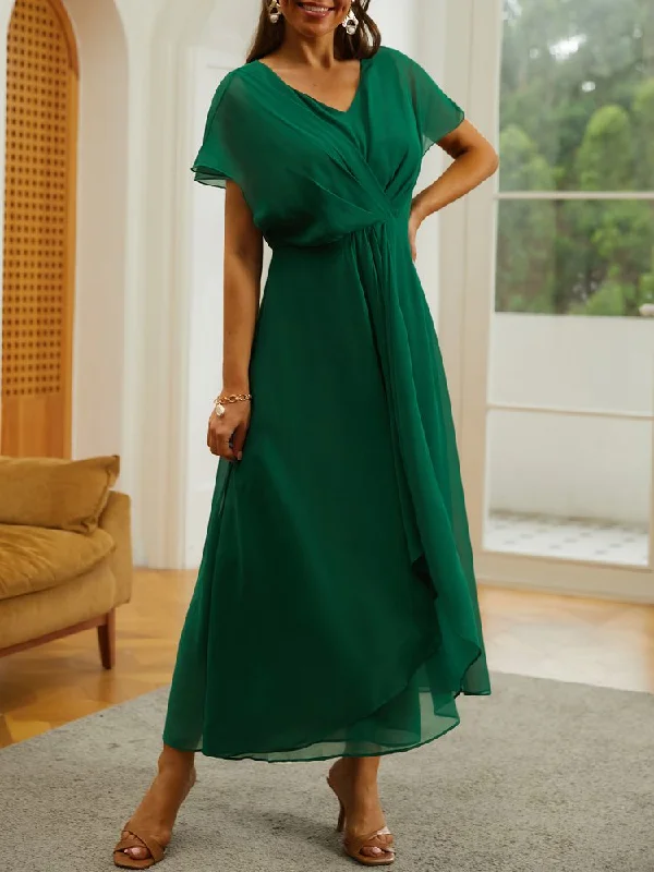 V Neck Elegant Chiffon Plain Dress  WC98 A-line unclassified dresses