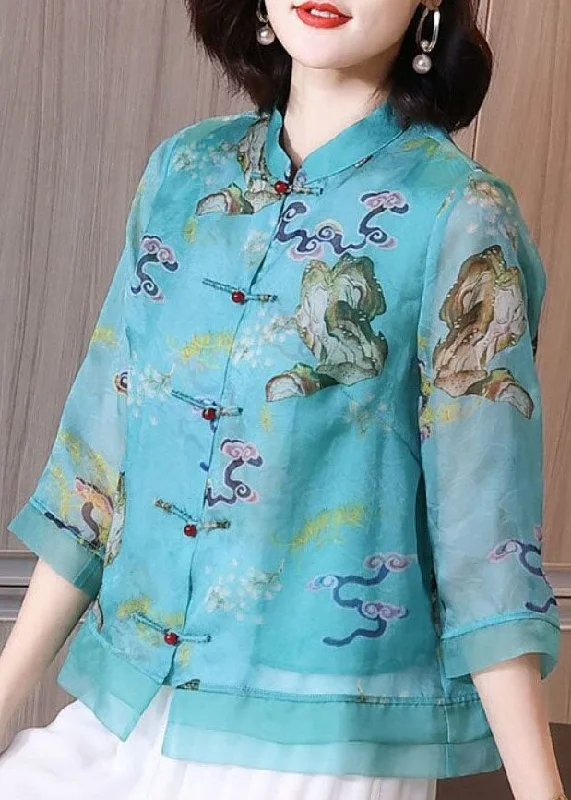 Vintage Blue Stand Collar Print Chinese Button Patchwork Linen Tops Summer TP1051 Smocked unclassified dresses