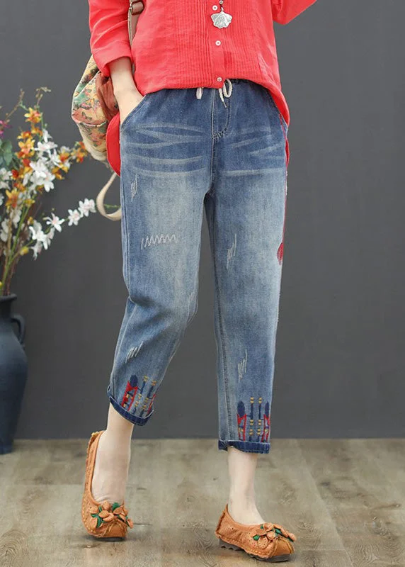 Vintage Light Blue Embroideried Tie Waist Crop Jeans Summer TY1015 Backless unclassified dresses