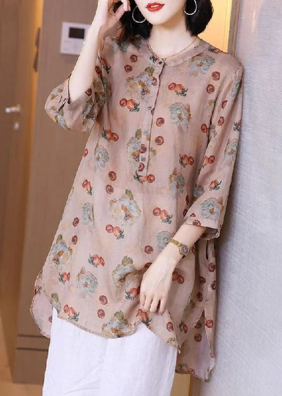 Vintage Pink Print Pockets Patchwork Linen Blouse Top Summer TP1017 Short unclassified dresses