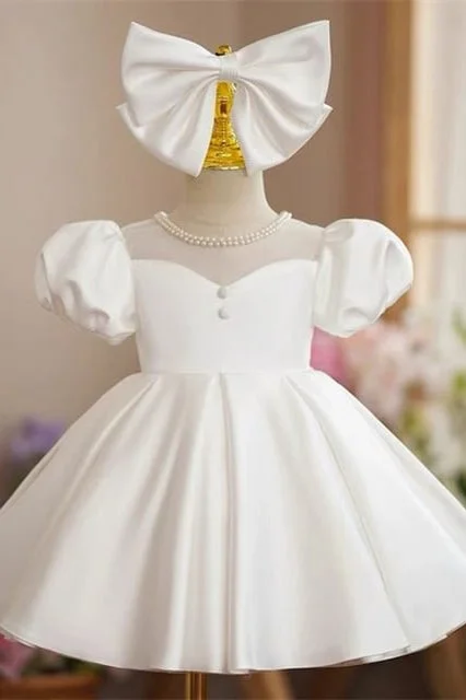 Vintage White Pearls Puff Sleeve Flower Girl Dress Bodycon unclassified dresses