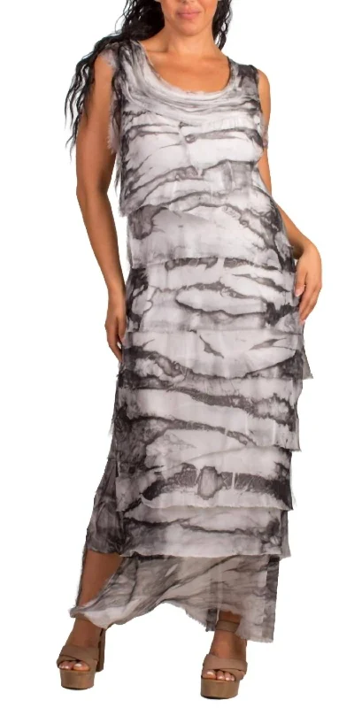 Washed Tie Dye Print Sleeveless Silk Ruffle Dress In Charcoal Trendy unclassified dresses