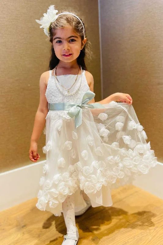 White 3D Flower Bow Front Flower Girl Dress Pastel unclassified dresses