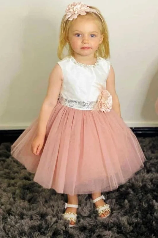 White and Dusty Pink Backless A-Line Flower Girl Dress Color block unclassified dresses