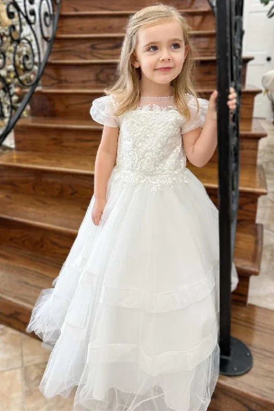 White Round Neck Puff Sleeve A-Line Flower Girl Dress Silk unclassified dresses