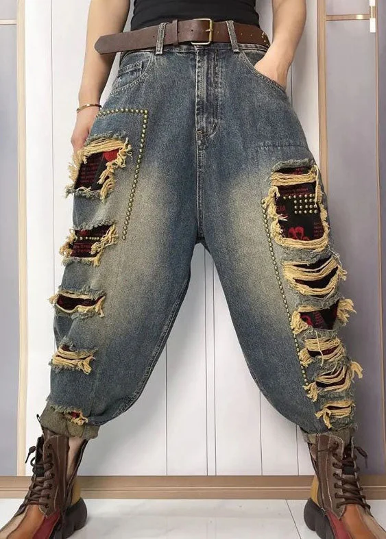 Women Blue Nail Bead Patchwork Sashes High Waist Ripped Jeans Summer TY1048 One-shoulder unclassified dresses