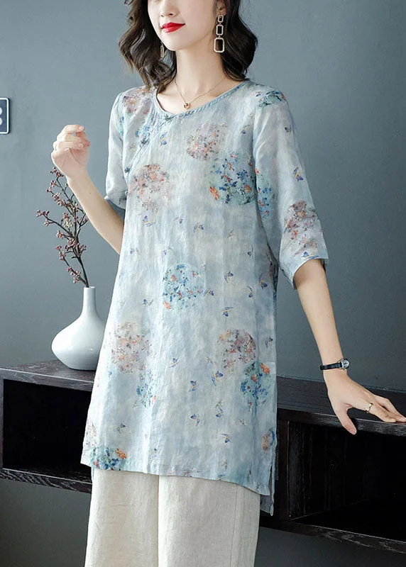 Women Light Blue Print Patchwork Linen Two Pieces Set Summer TP1032 Wrap unclassified dresses