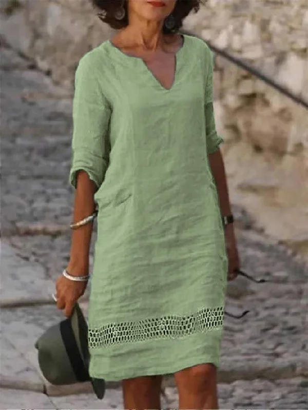 Plain Notched Linen Loose Dress  QPQ87 Breathable unclassified dresses