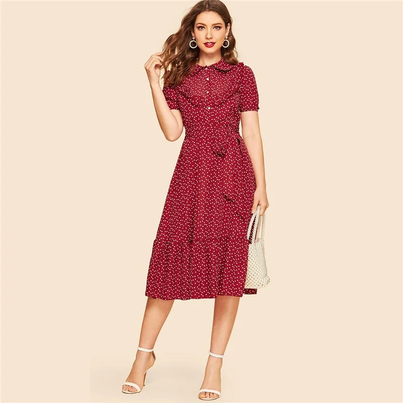 Women's Summer Ruffle Trim Belted Dress With Heart Print Winter unclassified dresses