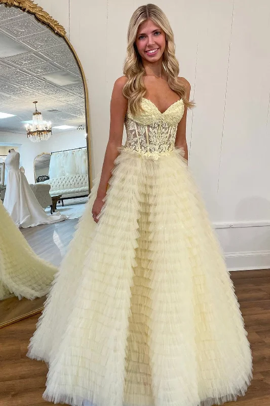 Yellow Appliques Sweetheart Ruffle Tiered A-Line Prom Dress Stylish unclassified dresses