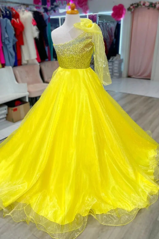 Yellow Beaded One-Shoulder Bow Girl Pageant Dress Fashionable unclassified dresses