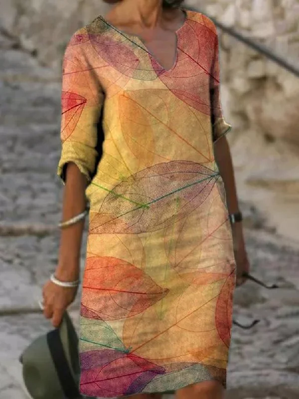 Yellow Casual V Neck Leaves Dress  WO107 Earthy tone unclassified dresses