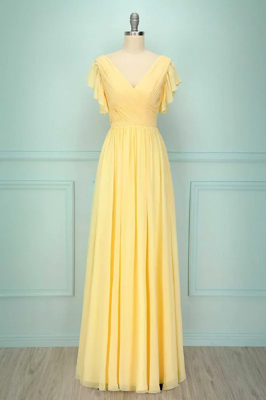 Yellow V-Neck Ruffled Pleated Bridesmaid Dress Elegant unclassified dresses