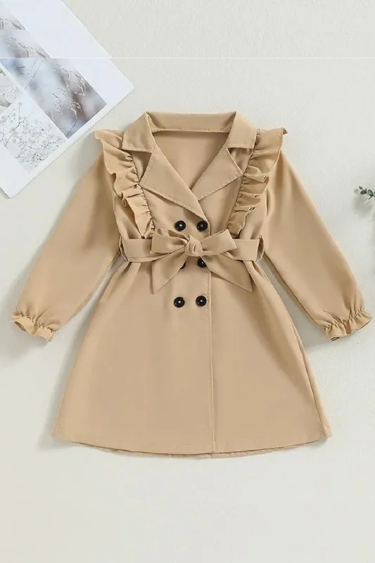 Children Girl Trench Coat Ruffled Solid Long Sleeve Lapel Double Breasted Khaki Windbreaker with Belt Floral Maxi Skirt