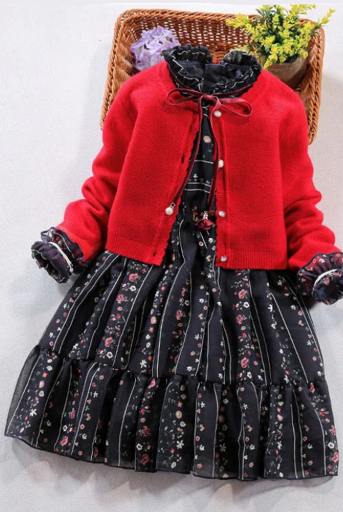 Girls clothing set New autumn winter Children long-sleeved sweater cotton coat+dress two-piece cardigan suit Summer Beach Maxi